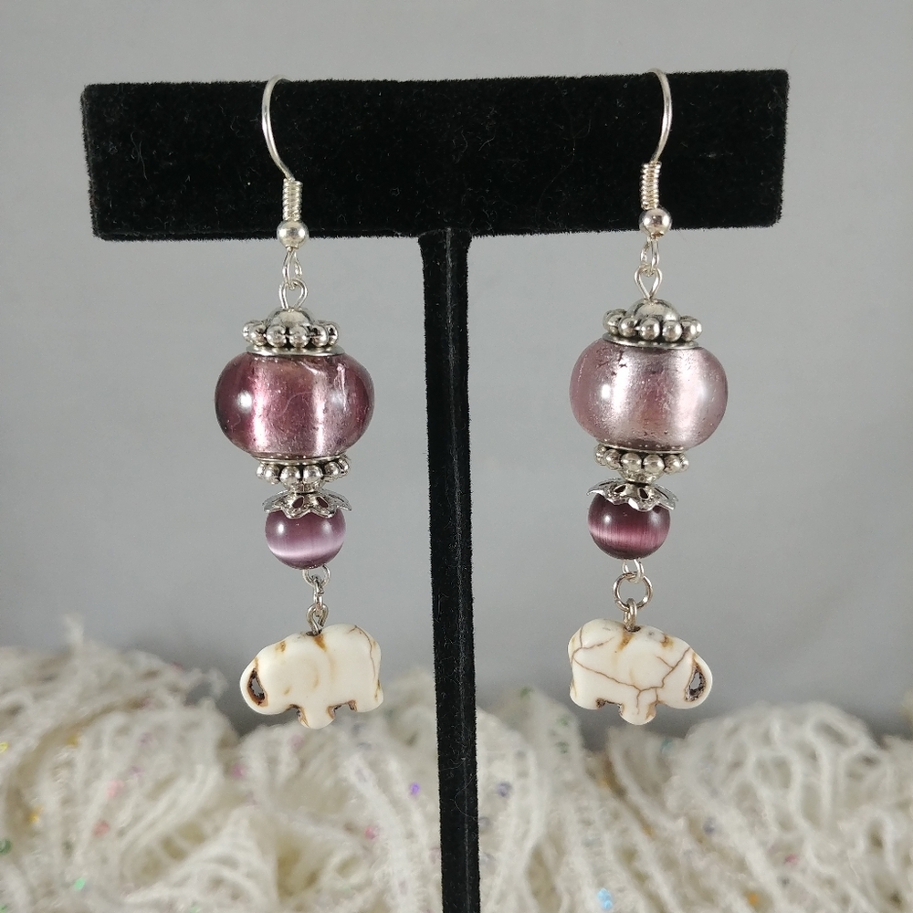 Elephant Earrings with Purple Glass Beads